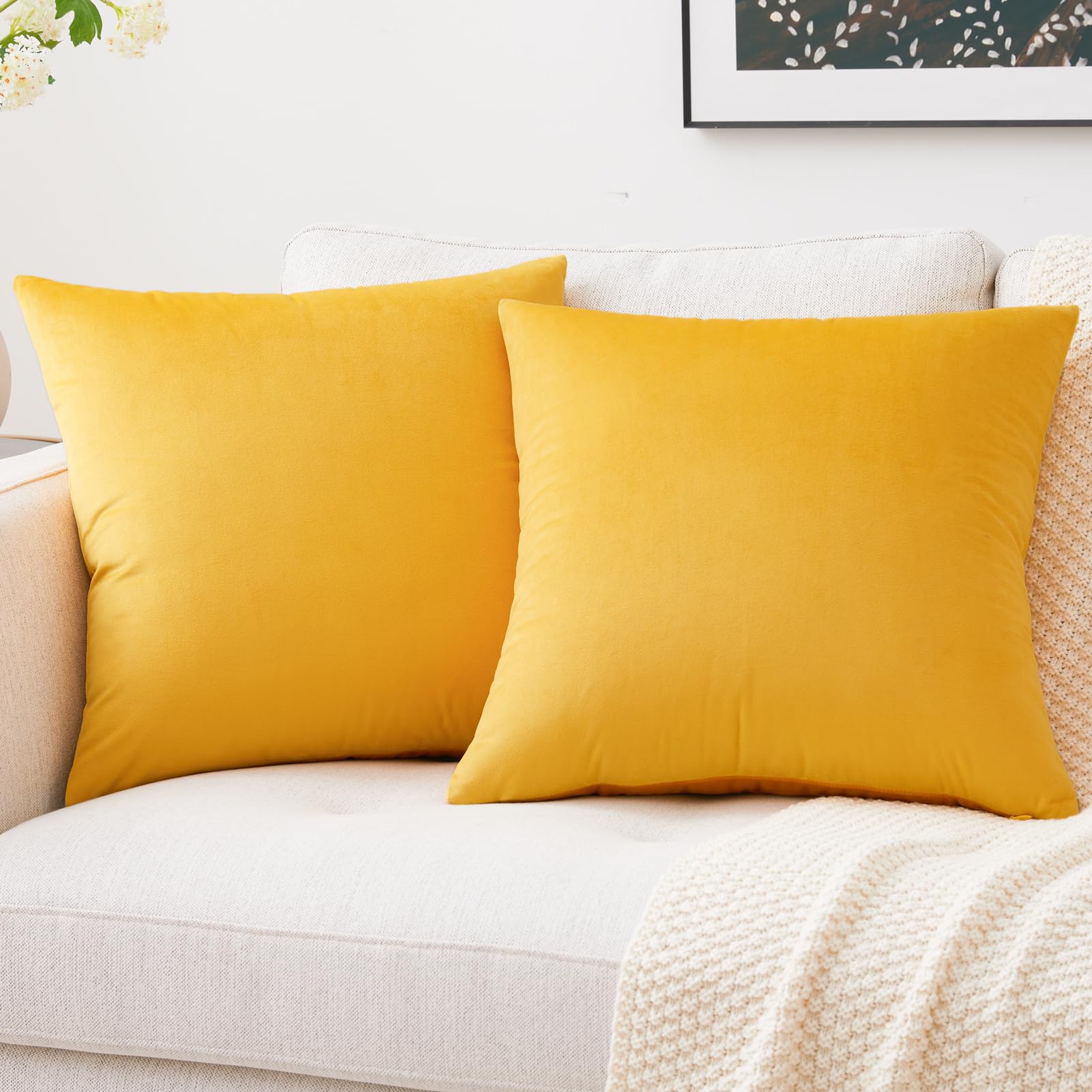 Luxury Velvet Throw Pillow Covers Set of 2 - 20x20 Inch Soft Decorative Cushion Covers for Sofa, Couch & Bed - Mustard Yellow Home Decor - Perfect for Living Room, Bedroom & Cozy Home Styling