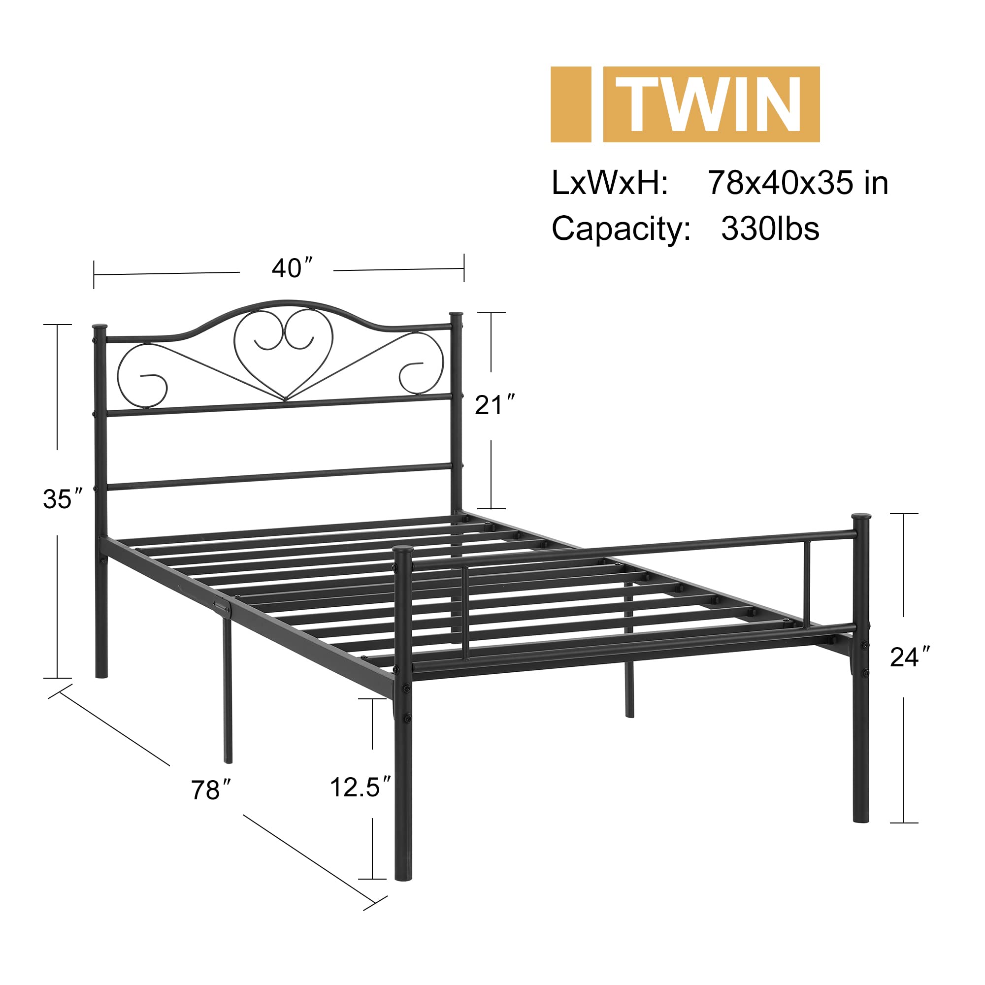 VECELO Metal Platform Bed Frame with Headboard & Footboard - Sturdy Steel Slats Mattress Foundation - No Box Spring Required - Twin Size - Matte Black - Perfect for Modern Bedrooms, Guest Rooms & Dormitories