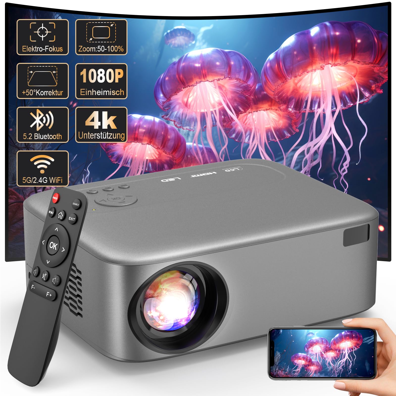 FRESHDEW 5G WiFi Bluetooth Projector, Native 1080P 26000L LCD Home Theater Projector with Tripod - Compatible with iOS/Android/TV Stick for Indoor/Outdoor Movie Nights, Gaming & Presentations