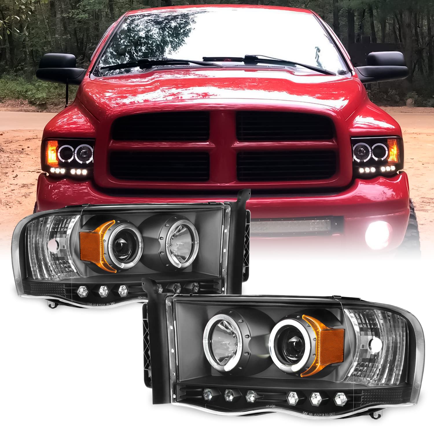 AKKON Black Dual Halo Projector Headlights for 2002-2005 Dodge Ram 1500 & 2003-2005 Ram 2500/3500 - Complete Pair Set with LED Halo Rings for Enhanced Night Driving Visibility