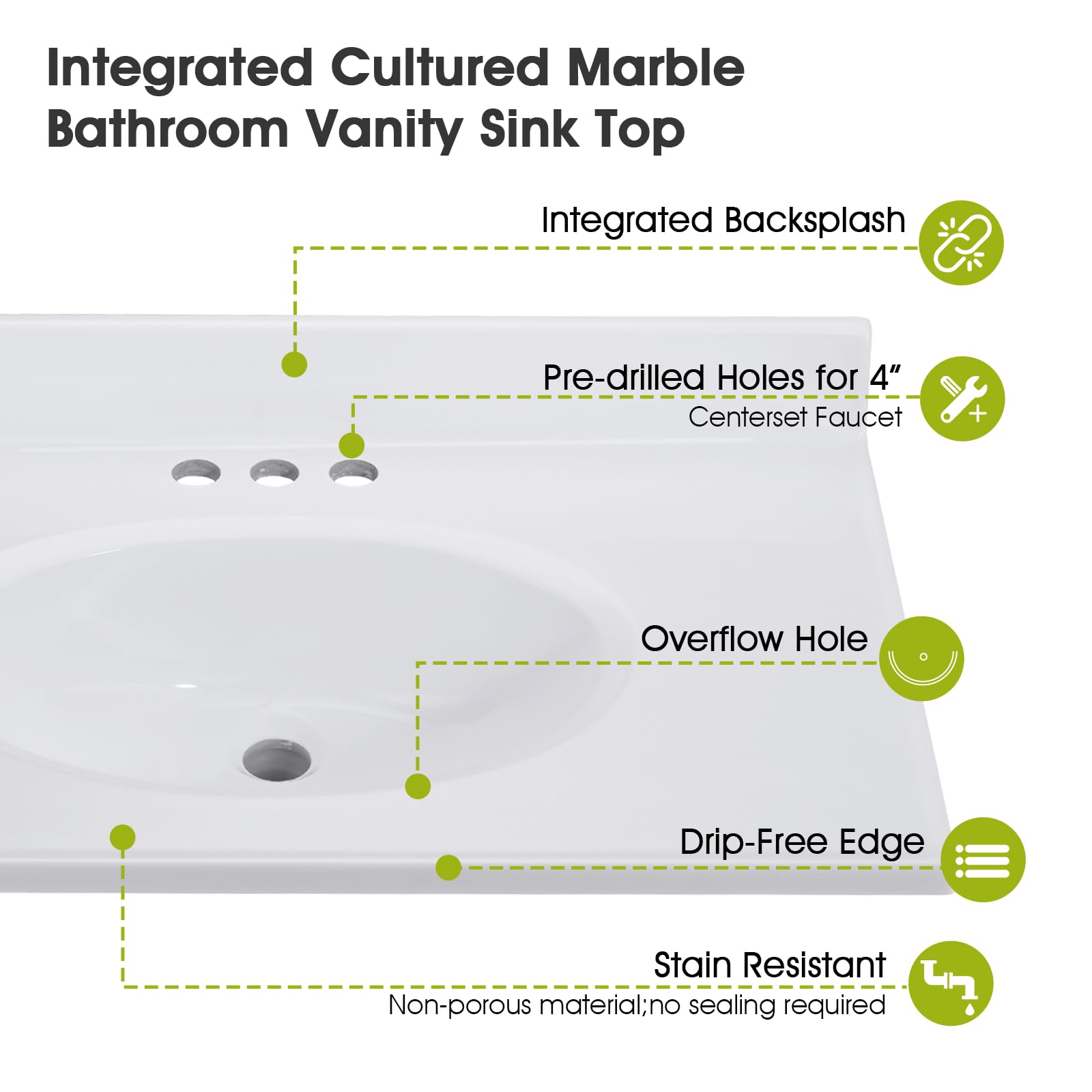 31 Inch White Cultured Marble Bathroom Vanity Top with Oval Sink - 4 Inch Centerset Faucet Hole & Integrated Backsplash - Perfect for Modern Bathroom Renovations and Home Upgrades