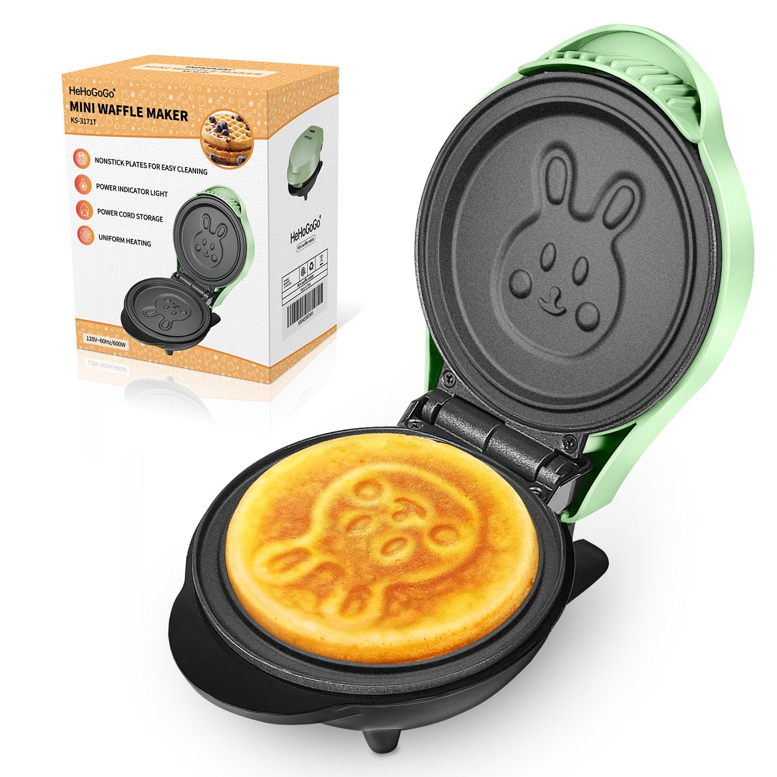 Mini Waffle Maker 600W - Electric Nonstick Cartoon Rabbit Shape Waffle Iron for Kids - Perfect for Breakfast, Snacks & Party Treats