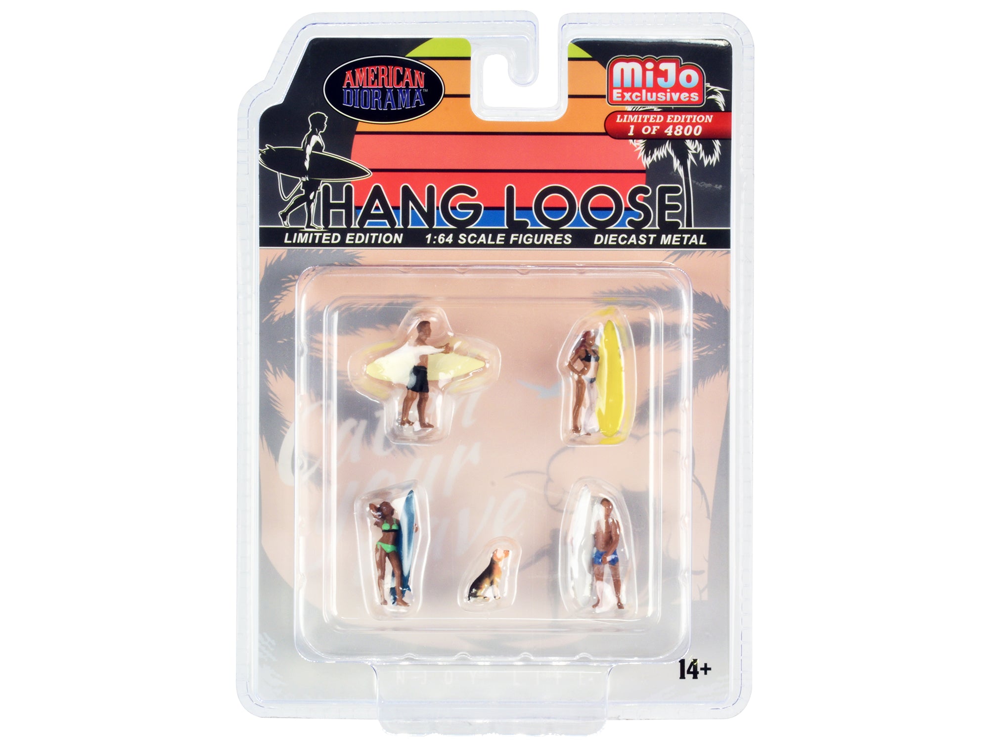 American Diorama 1/64 Scale Hang Loose 5-Piece Diecast Set - 4 Surfer Figures & 1 Dog (Limited Edition of 4800) - Perfect for Model Car Displays, Surfing-Themed Dioramas, and Collector Showcases