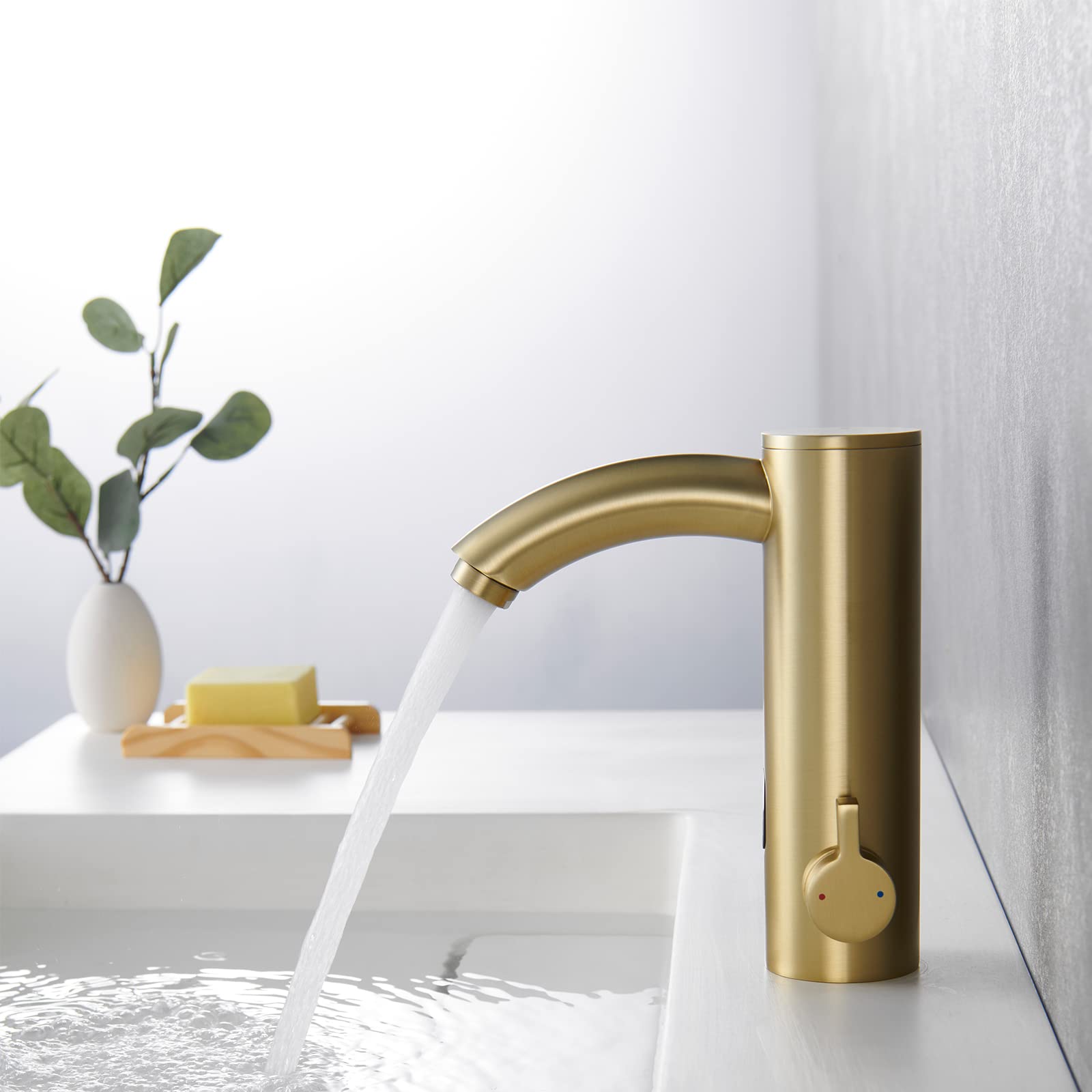 Touchless Bathroom Sink Faucet - Automatic Sensor Hands-Free Vanity Faucet with Temperature Mixer & Control Box, Chrome Gold Finish with Hole Cover Plate - Perfect for Modern Homes, Public Restrooms & Water-Saving Applications