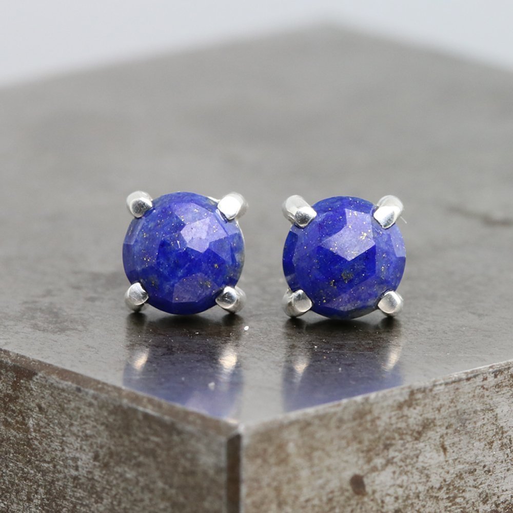 6mm Rose Cut Lapis Sterling Silver Stud Earrings – Perfect for Everyday Wear, Gifts & Special Occasions