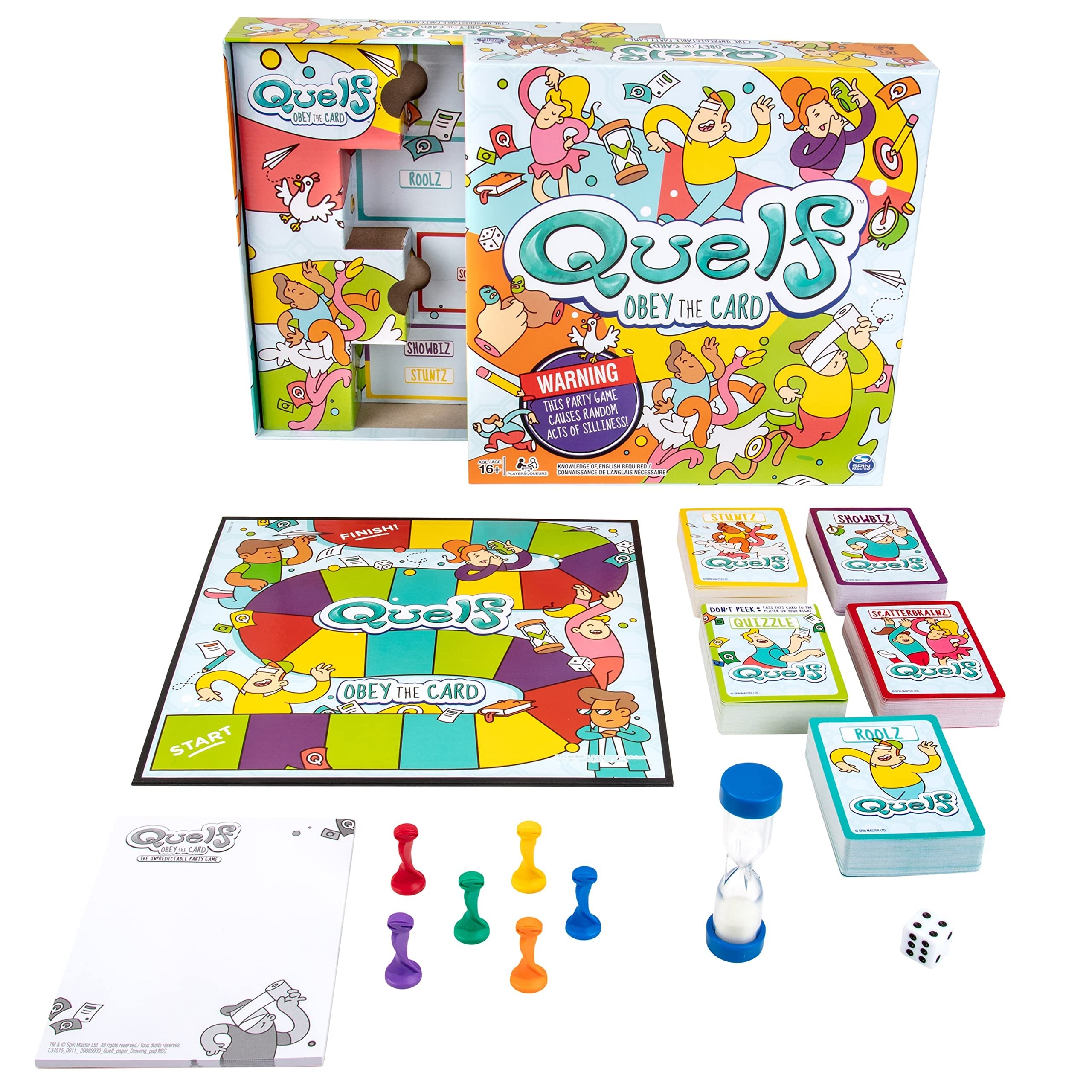Spin Master Quelf Board Game for Teens & Adults - 300 Hilarious Action Cards with Quiz Questions, Stunts & Acting Challenges - Perfect for Family Game Nights, Parties & Group Gatherings