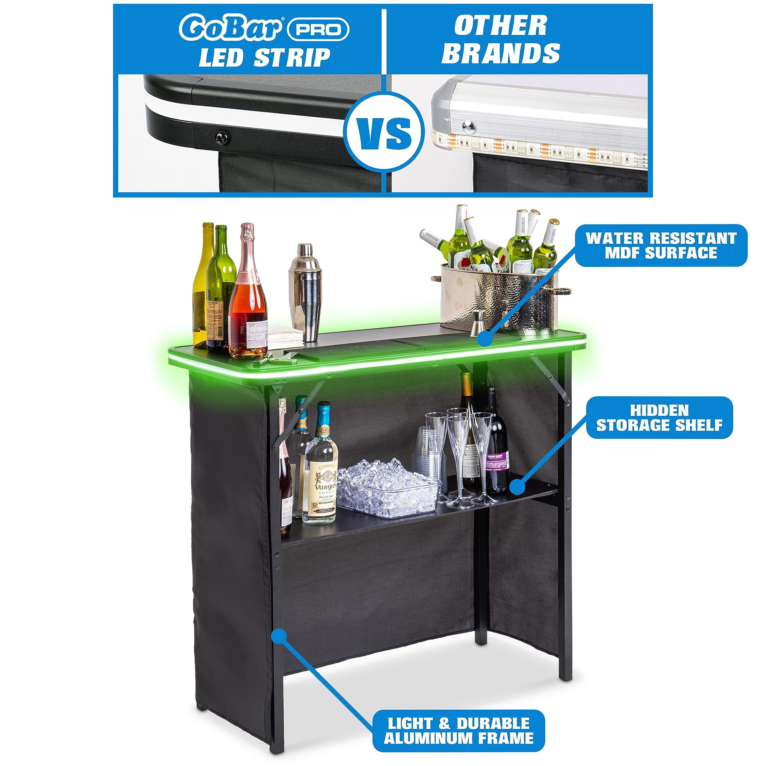 GoBar Portable Bar Table for Events - Black, 3 Skirts, or LED - Pop Up Mobile Bartending Station with Travel Carrying Case | Perfect for Weddings, Parties, and Outdoor Gatherings