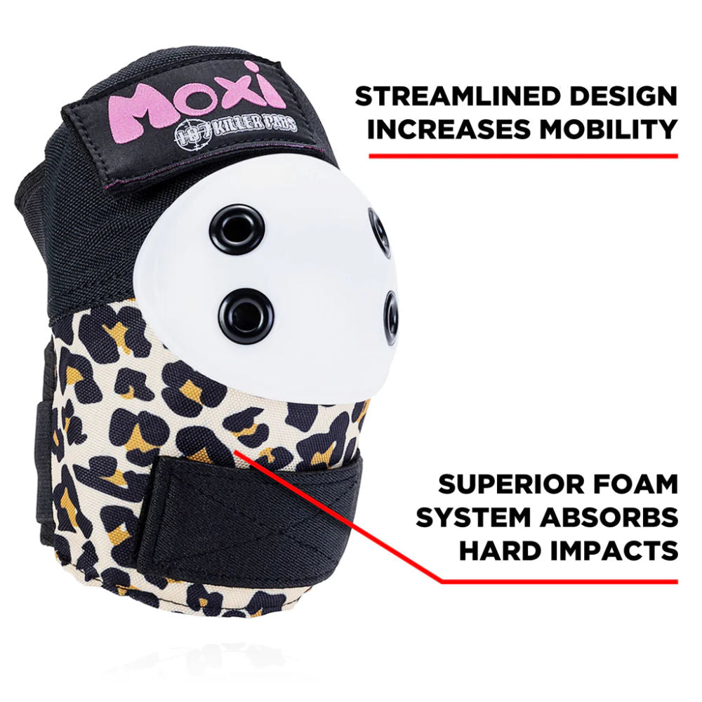 Moxi Junior Pads 6-Pack - Leopard Print Protective Gear for Roller Skating & Skateboarding | Knee & Elbow Pads for Kids Safety