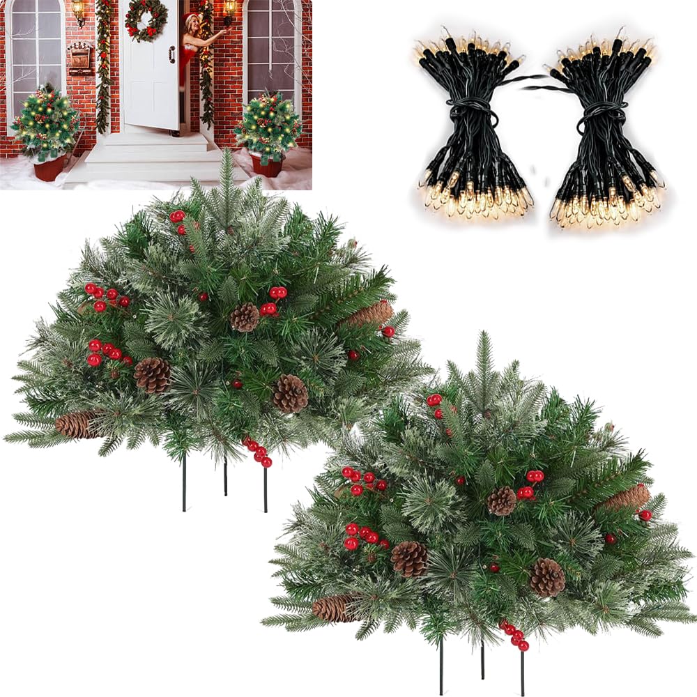 Topsgain Christmas Planter with 60 LED Lights - 2 Pack Indoor/Outdoor Holiday Urn Filler for Porch, Patio & Mantel Decor (18-Inch Prelit Artificial Bushes, C-18IN)