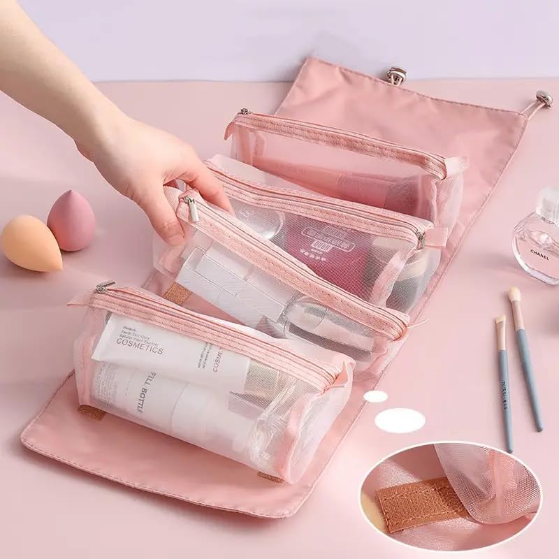 AMENDAS 4-in-1 Foldable Hanging Travel Makeup Bag | Waterproof Cosmetic Organizer & Toiletry Storage for Women | Perfect for Vacation, Gym & Business Trips (Pink)