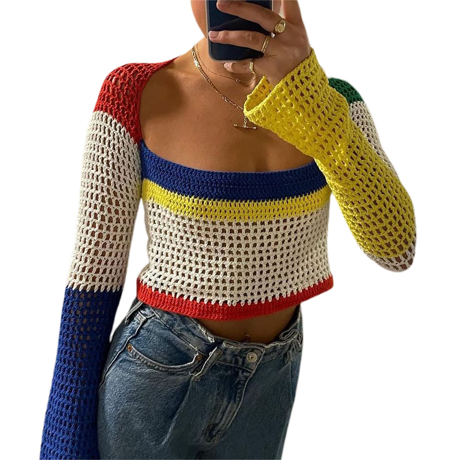 Y2K Aesthetic Hollow Out Colorful Crochet Halter Crop Top - Neon Rainbow Stripe Knit Tee Shirt for Women | Trendy Summer Clothes for Beach, Music Festivals & Streetwear Fashion