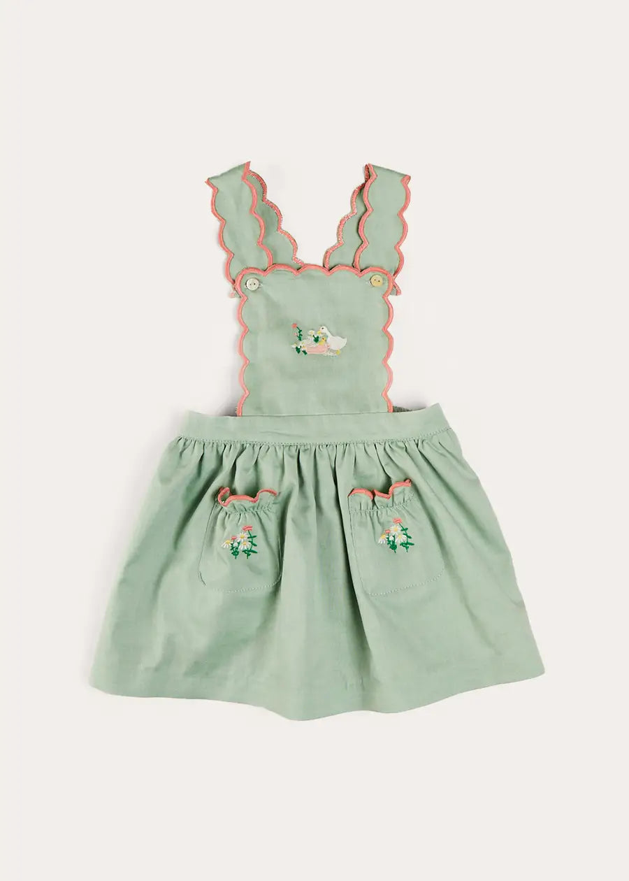 Green Duck Embroidered Scallop Detail Adjustable Suspender Skirt for Girls 18 Months to 6 Years - Perfect for Spring Outfits, Photo Shoots & Special Occasions