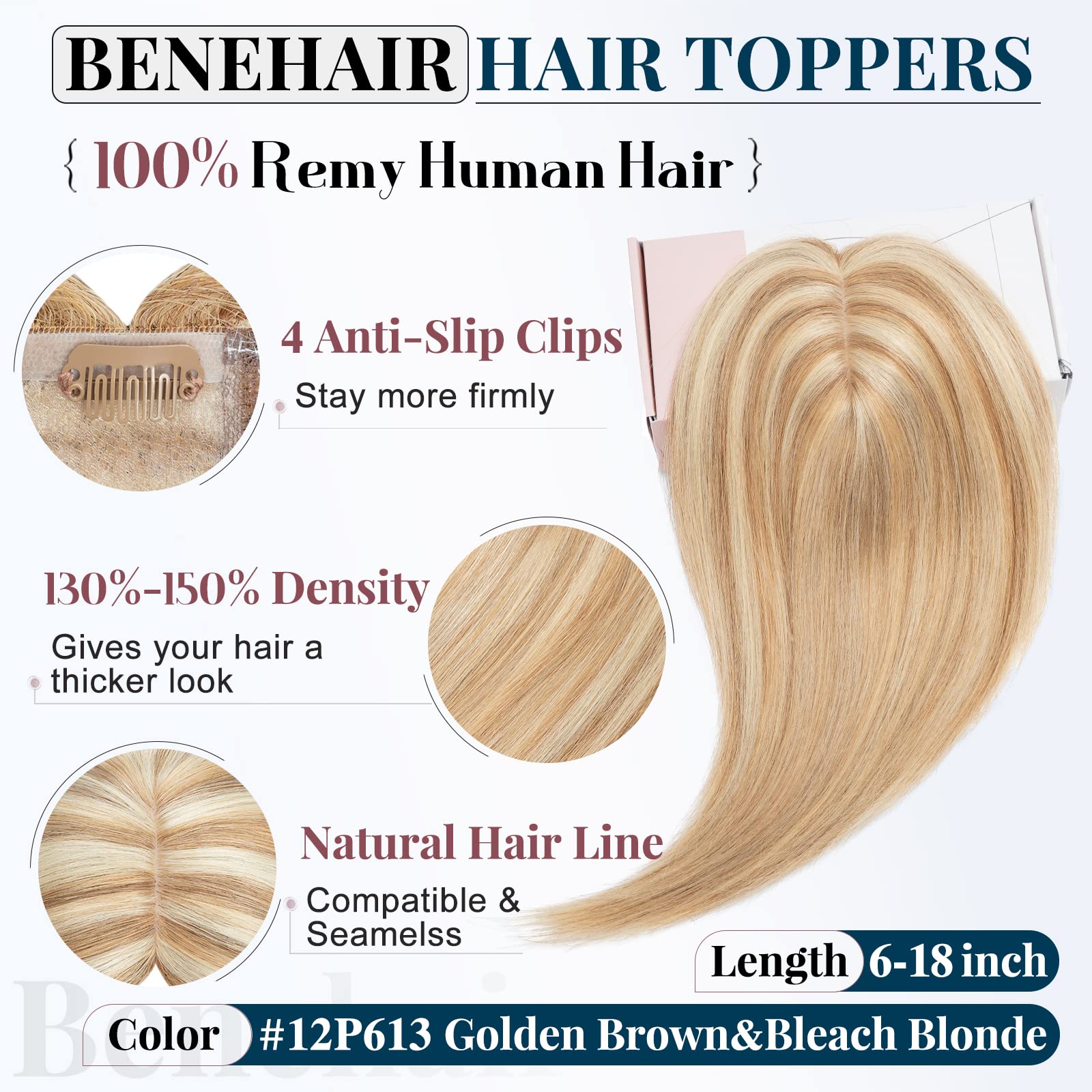 Benehair Remy Human Hair Topper with Silk Base - 12 Inch 38 Gram Clip-In Hair Topper for Women (Golden Brown & Bleach Blonde) - Natural Looking Hair Replacement for Thinning Hair, Daily Wear & Special Occasions