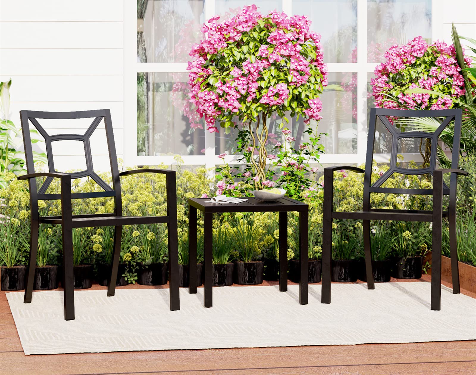 MFSTUDIO 3-Piece Black Wrought Iron Patio Bistro Set - 2 Metal Chairs & Coffee Table for Outdoor Dining, Garden, Yard, or Balcony - Classic Elegant Iron Furniture for Relaxing & Entertaining