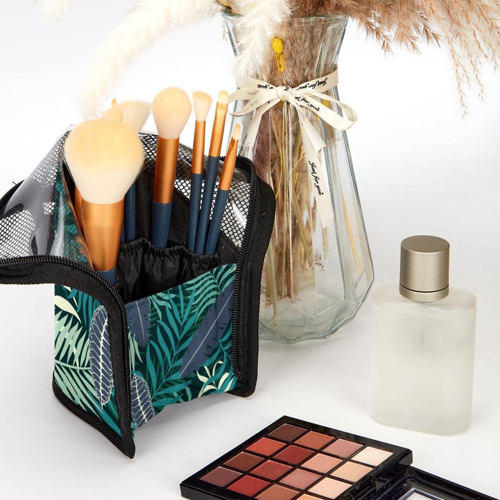 Premium 12-Slot Makeup Brush Organizer Bag - Tropical Leaves Green & Gray Portable Travel Case | Perfect for Makeup Artists, Travel & Home Storage