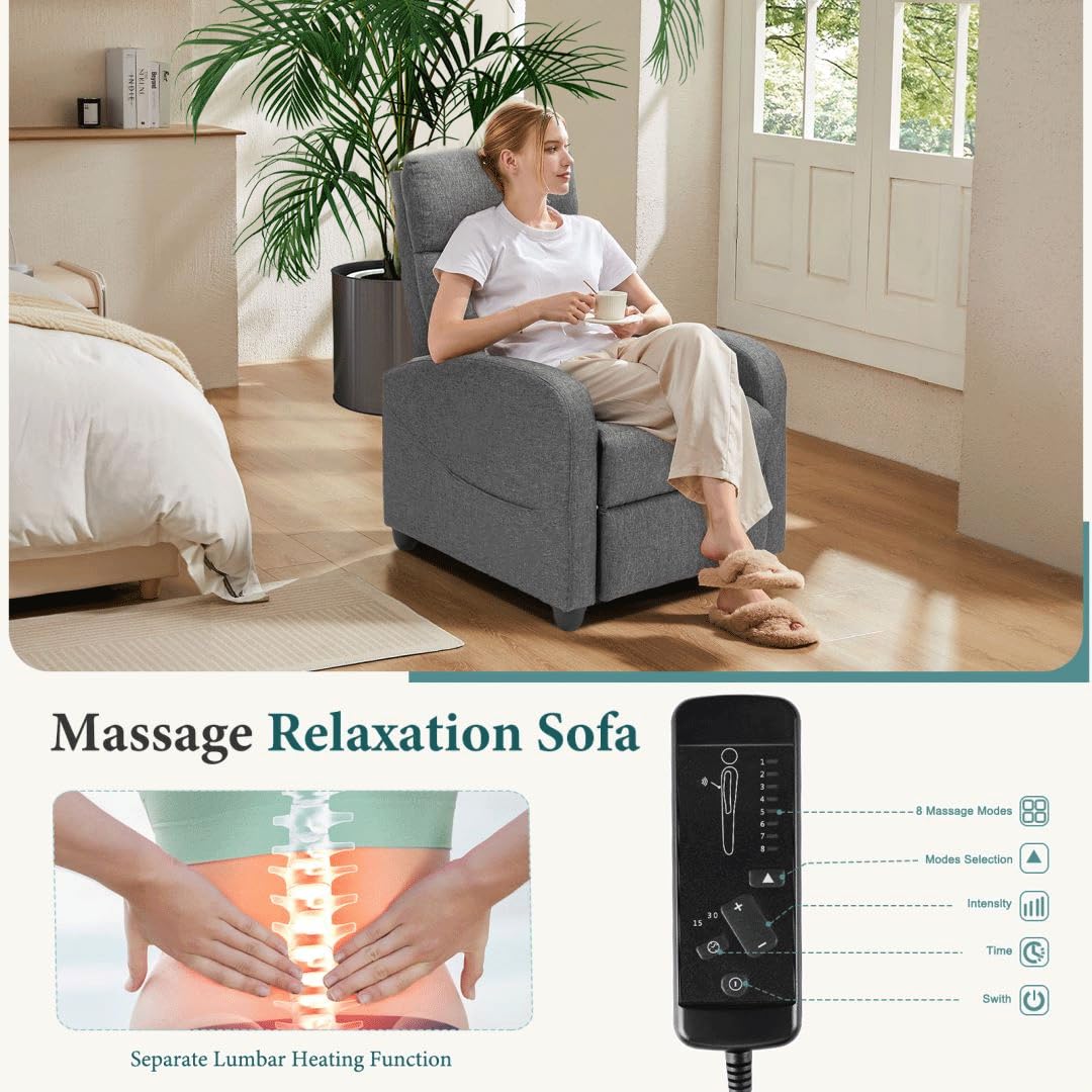 Premium Adjustable Massage Chair for Adults - Soft Fabric Recliner Sofa with Padded Seat & Backrest - Perfect for Home Theater, Living Room & Bedroom - Grey | Relaxation & Pain Relief Solution