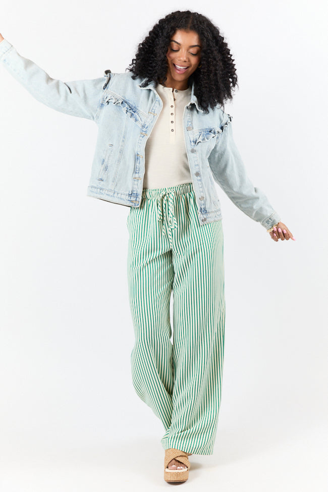 Shoreline Serenity Green Textured Stripe Pull On Pants for Women - Comfortable Elastic Waist Lounge Pants - Perfect for Yoga, Travel & Relaxing at Home
