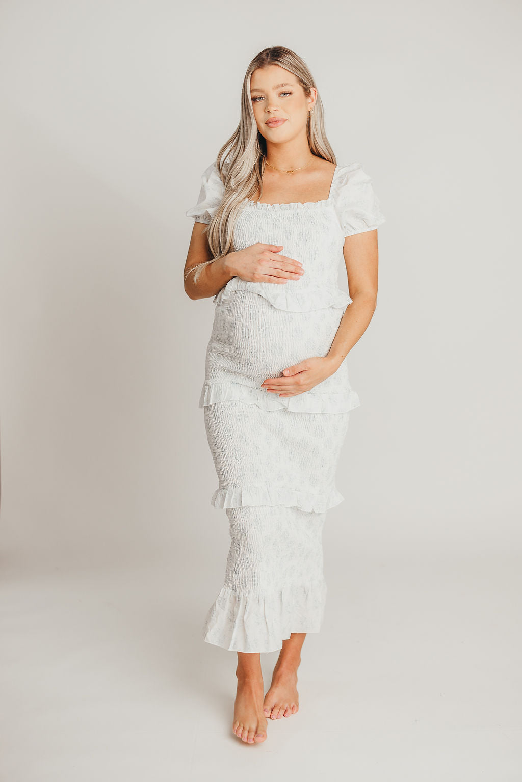 Ada Smocked Dress in Blue Floral - Bump Friendly Maternity Dress with Inclusive Sizing (S-3XL) | Perfect for Baby Showers, Bridal Events & Summer Weddings