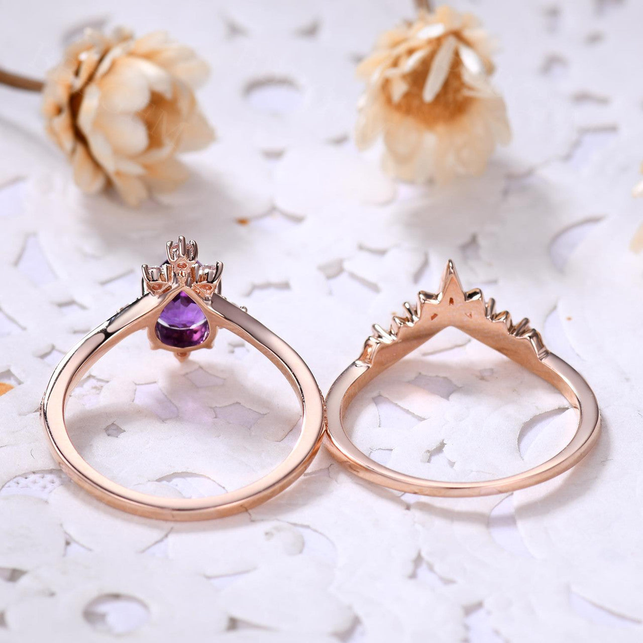 Natural Amethyst Purple Crystal Ring Set - 2 Piece Pear Cut Wedding Band for Women, Elegant Gemstone Jewelry Gift for Brides, Anniversary & Special Occasions