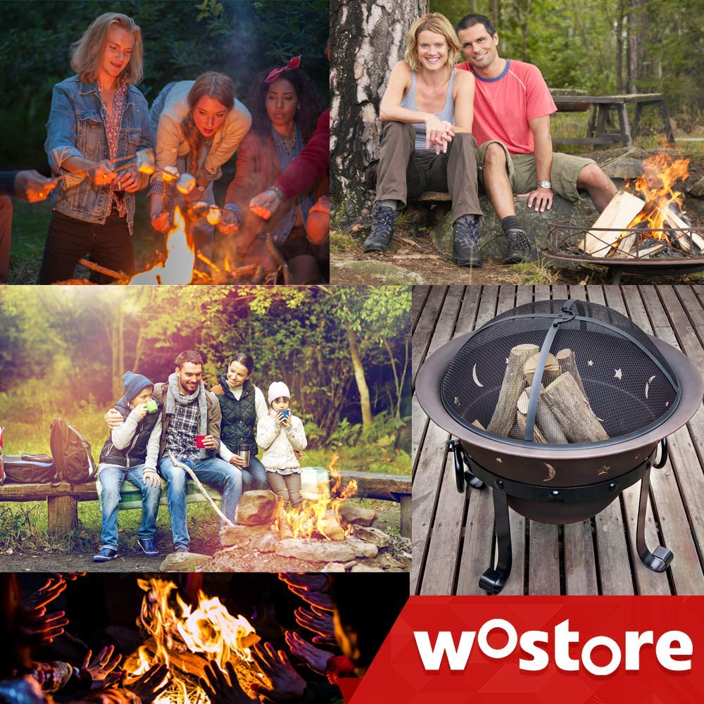 Wostore 29 Inch Large Outdoor Fire Pit - Heavy Duty Cast Iron Bonfire Pit with Spark Screen, Grate & Poker for Patio, Backyard, Camping & BBQ Gatherings