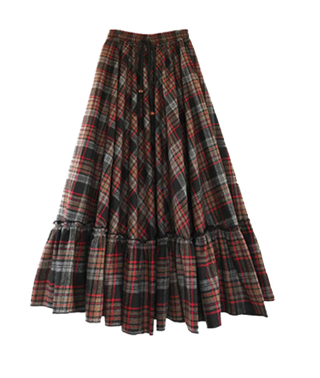 Femiserah Women's High Waist A-Line Plaid Wool Skirt - Long Maxi Ruffle Swing Skirt for Winter | Elegant Office Wear & Holiday Party Outfit