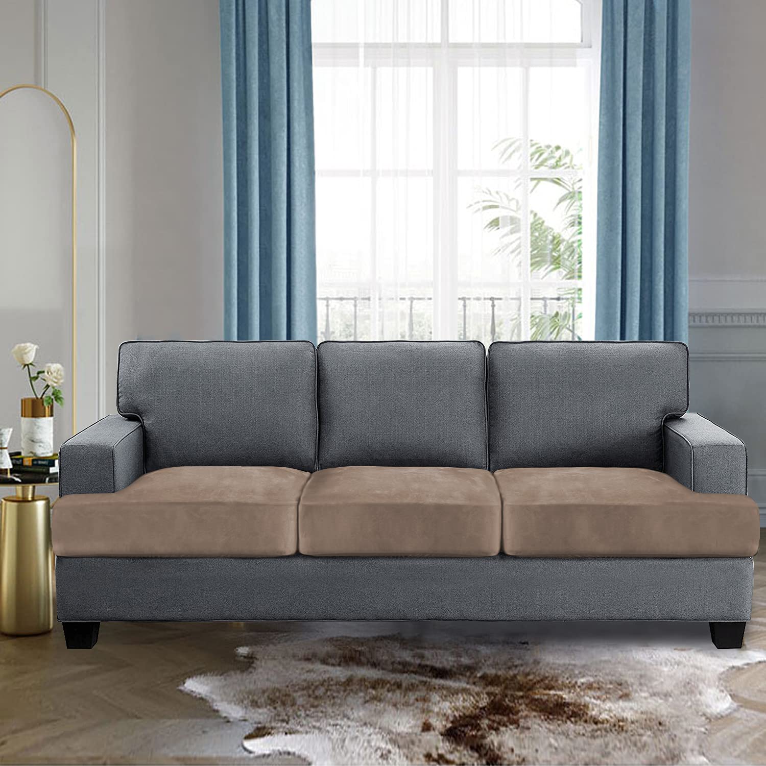 H.VERSAILTEX 3-Piece Stretch Velvet Sofa Slipcover Set - Soft T-Cushion Covers for 3-Seater Couches, Non-Slip Taupe Velvet Couch Protector (Fits Most Sofas) - Perfect for Living Room, Home Decor & Pet-Friendly Furniture Protection