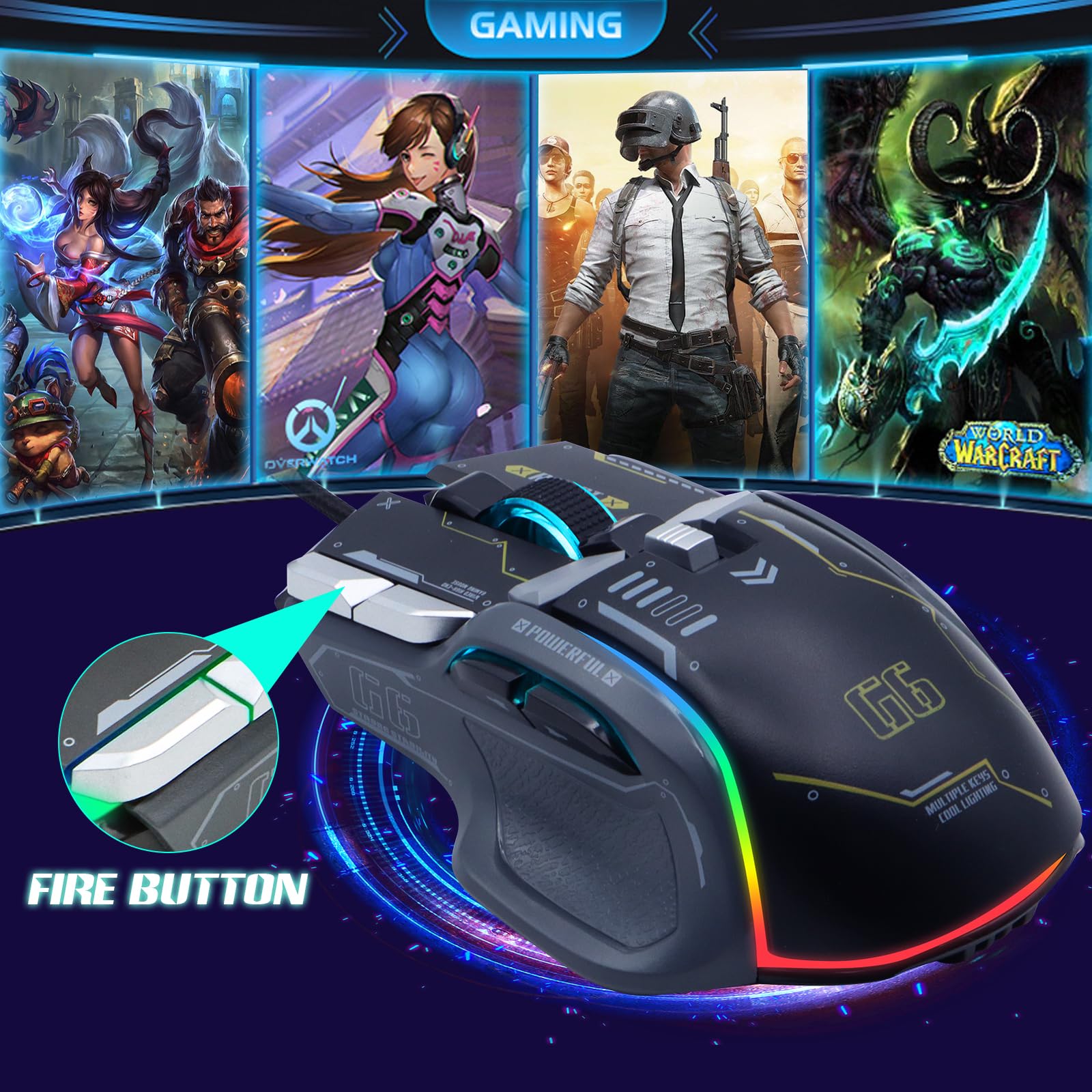 VEGCOO Wired Gaming Mouse - 12800 DPI High Precision Optical Mouse with 10 Programmable Buttons, RGB Lighting, Ergonomic Design for PC, Laptop, Mac - Perfect for FPS, MOBA Games & Office Work