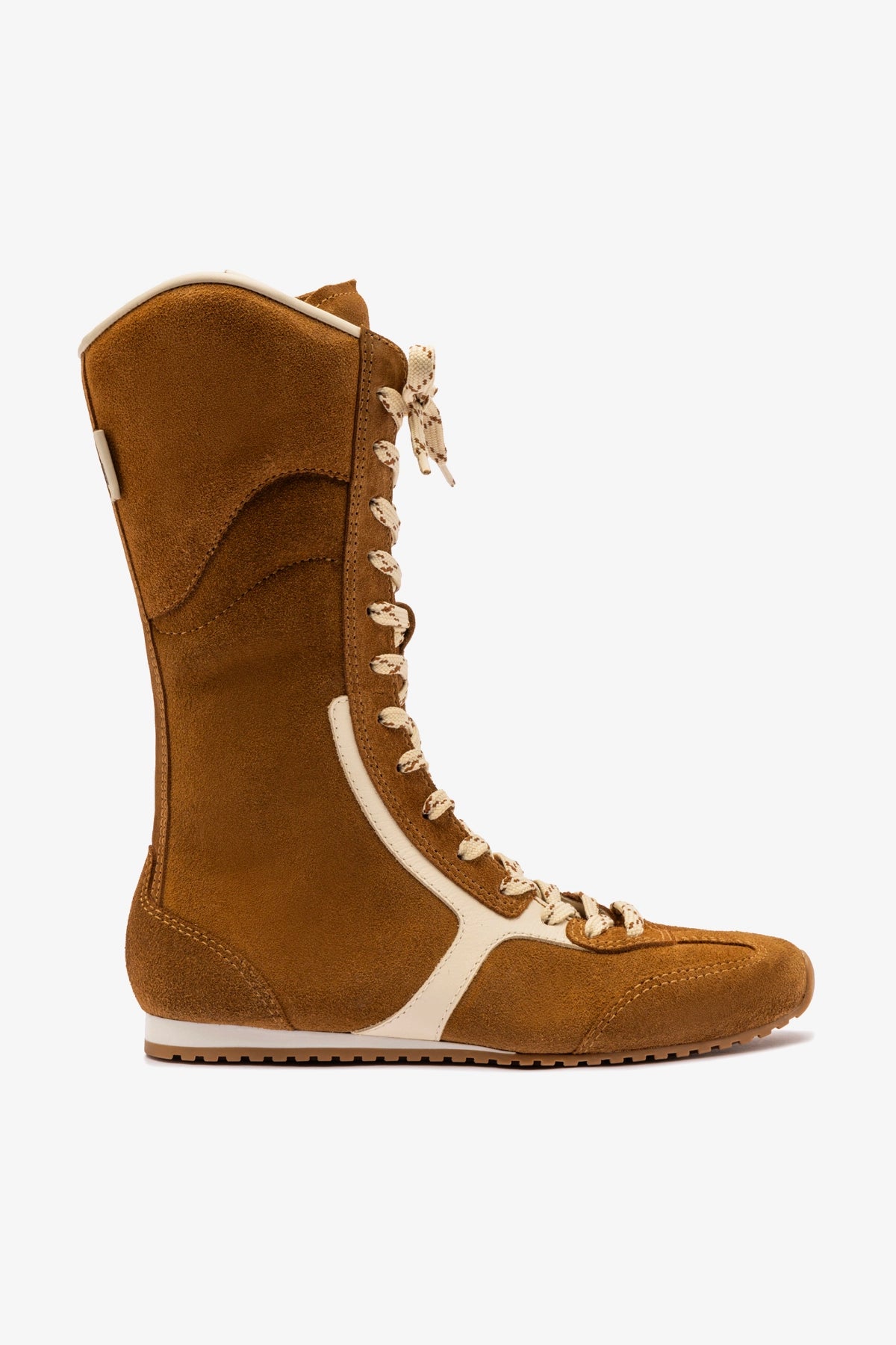 Larroudé x Jonathan Cohen Flat Lo Sneaker Boot in Russet Suede and Ivory Leather - Stylish Women's Casual Shoes for Everyday Wear, Work & Outfits