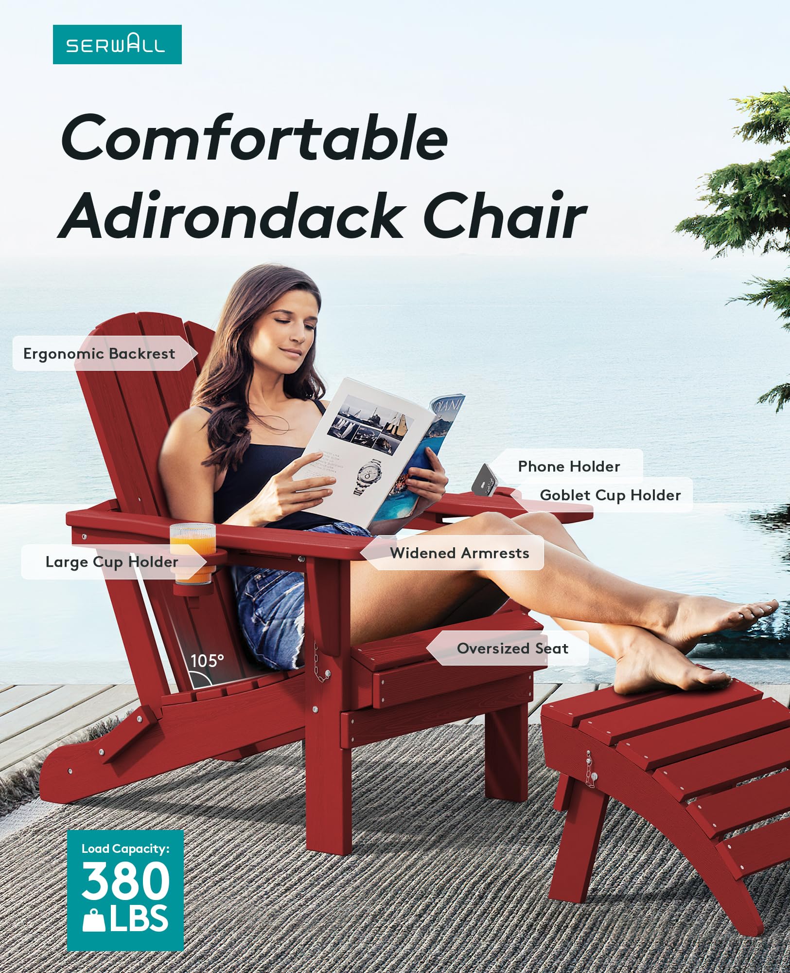 Premium SERWALL Adirondack Chair with Cup Holders - Durable HDPE Composite Outdoor Patio Furniture - All-Weather Resistant (Red) - Perfect for Backyard, Poolside & Garden Relaxation