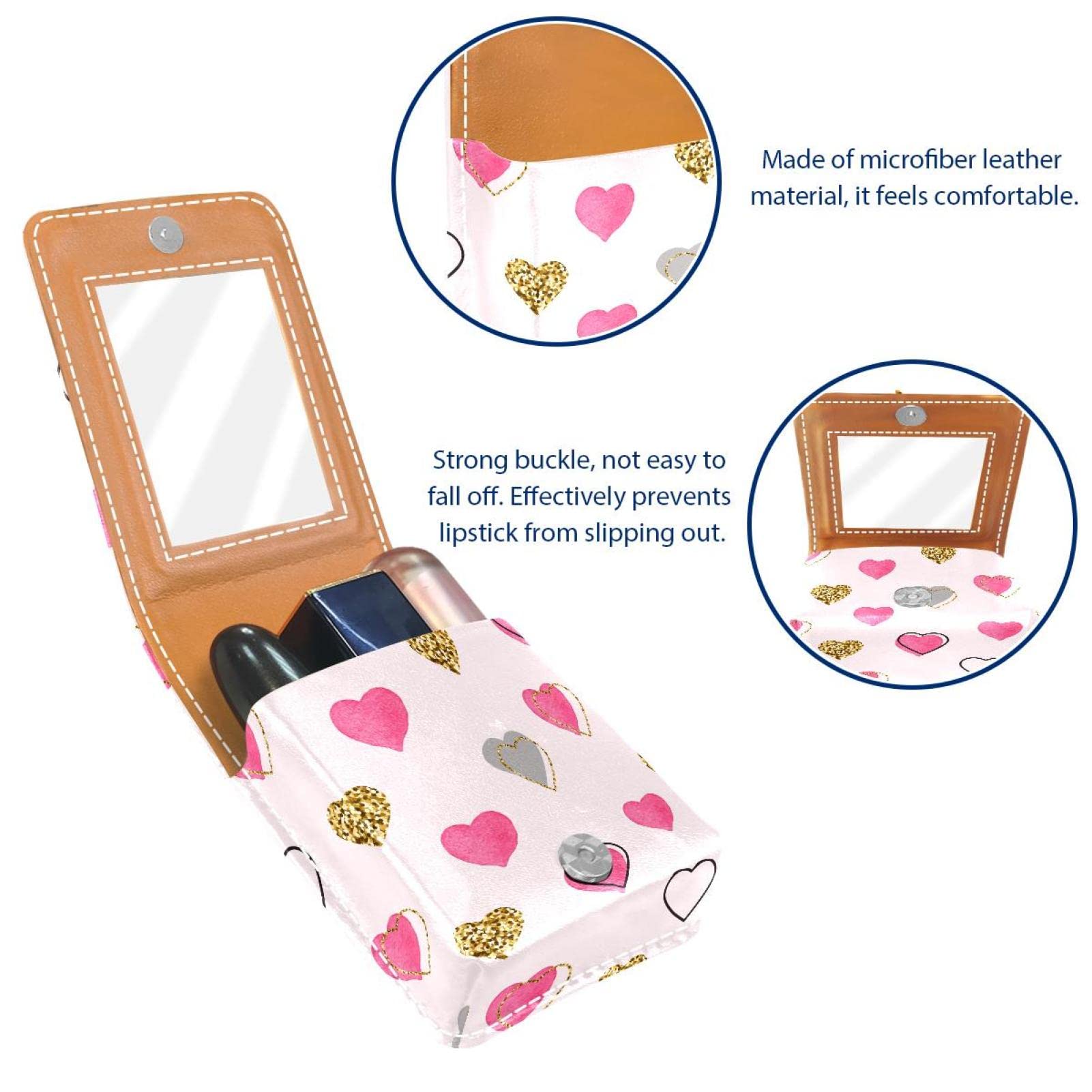 Personalized Lipstick Case - Portable Makeup Bag & Cosmetic Pouch Organizer (Pink, Gold, Grey) with Love Heart Pattern - Perfect for Travel, Gift & Daily Makeup Storage