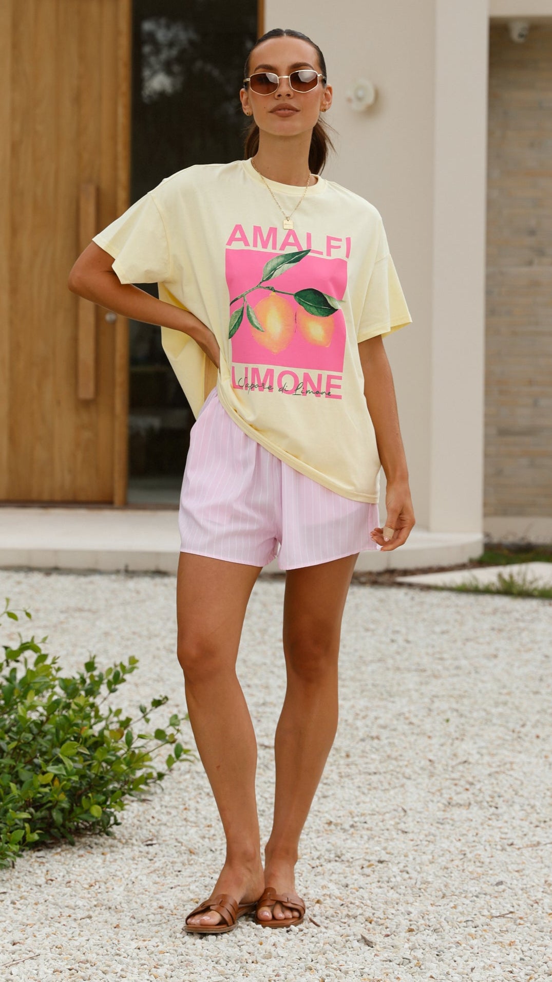 Amalfi Limone Women's Top and Shorts Set - Yellow & Pink Outfit for Summer Beach Vacation and Casual Wear