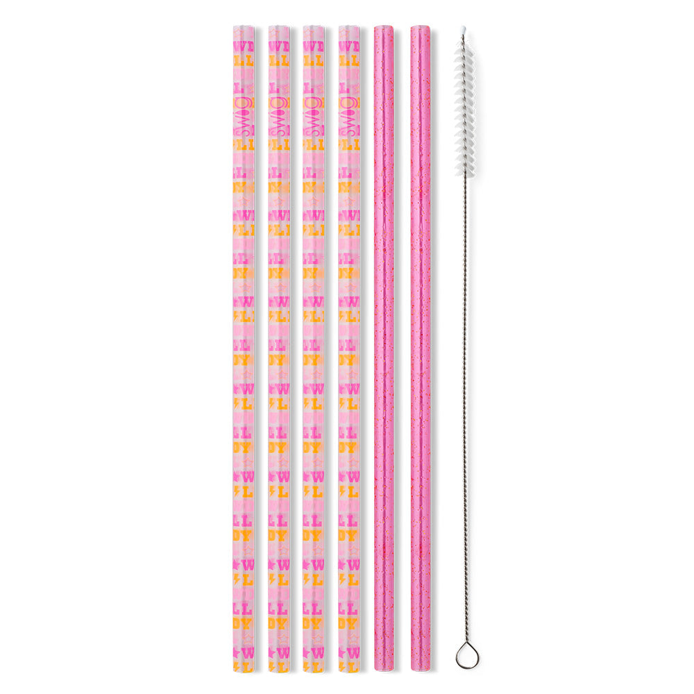 Eco-Friendly Pink Glitter Reusable Straw Set - 4 Pack Stainless Steel Drinking Straws with Cleaning Brush | Perfect for Parties, Home, Office & Travel
