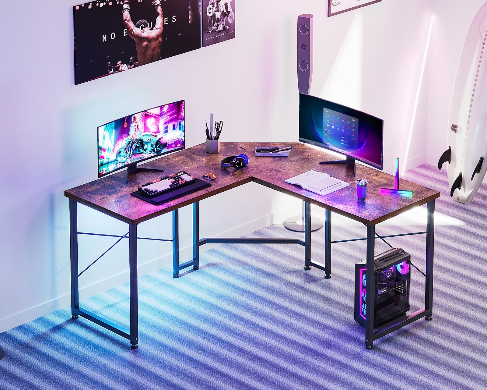 L Shaped Gaming Desk 51 inch - Sturdy Corner Computer Desk for Home Office, Small Space Workstation, Easy to Assemble Rustic Brown | Perfect for PC Gaming Setup, Streaming & Home Office Workspace