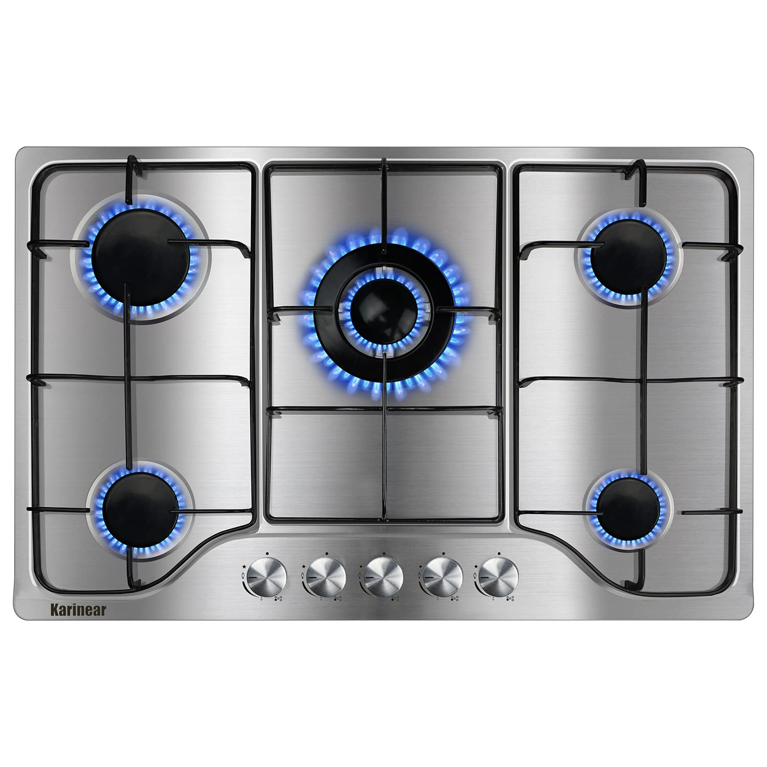 Karinear 30 Inch 5 Burner Built-in Stainless Steel Gas Cooktop - NG/LPG Dual Fuel Gas Stove with Thermocouple Protection for Apartments & Homes - Includes Pressure Regulator - Perfect for Cooking, Baking & Family Meals