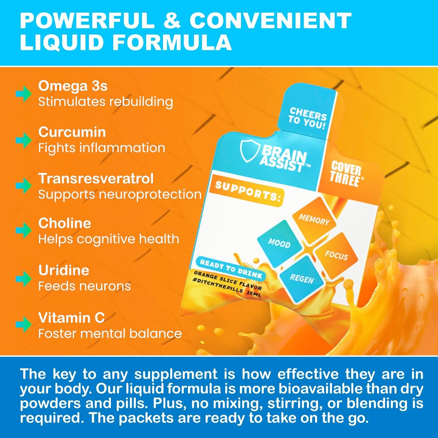 Premium Brain Support Supplement with Curcumin & Uridine - Enhanced Memory & Focus Formula - Orange Slice Liquid for Cognitive Performance (6 Boxes) - Ideal for Students, Professionals & Seniors Seeking Mental Clarity