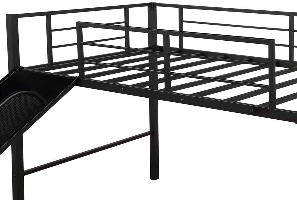 **Metal Twin Low Loft Bed with Slide & Guardrails for Kids - Safe Toddler Bed for Boys & Girls, No Box Spring Needed, Space-Saving Multifunctional Design (Black) - Perfect for Small Bedrooms, Playrooms & Dorm Decor**