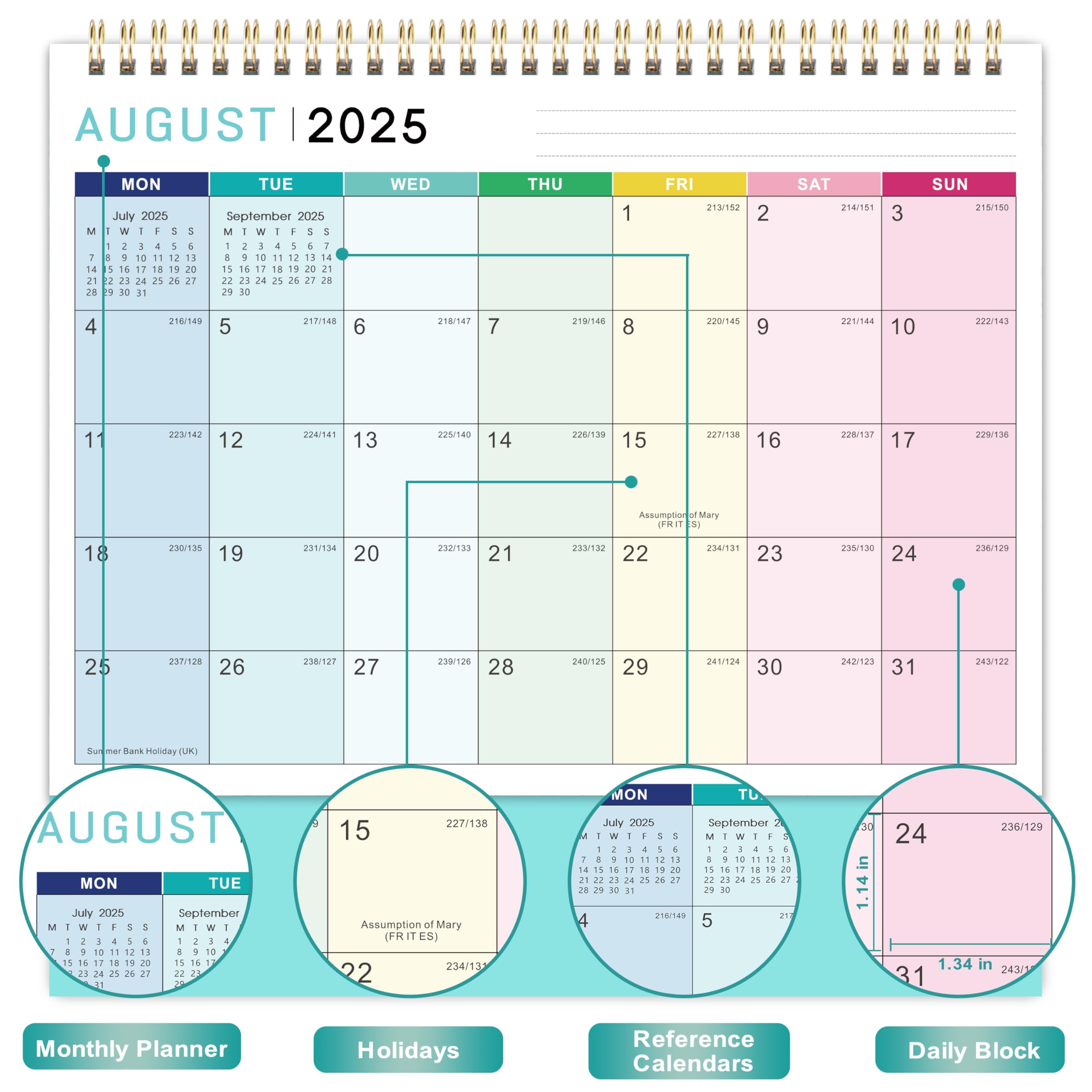 2025-2026 18-Month Desk Calendar | July 2025 to December 2026 | Monday Start | 25.3 x 20.5 x 7.8 cm | Rainbow Plaid Design | Perfect for Office, Home & School Planning
