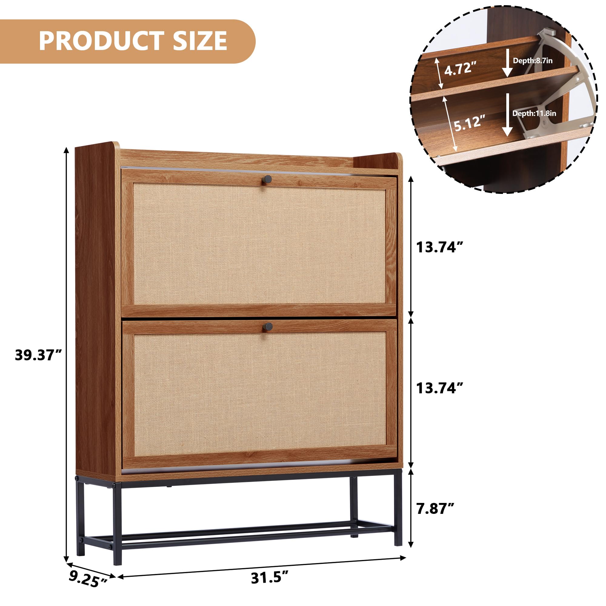 LEVNARY Wooden Shoe Storage Cabinet with 2 Flip Drawers - Narrow Entryway Shoe Organizer with Metal Legs, Freestanding Shoe Rack for Hallway (Walnut) | Perfect for Small Spaces, Apartment Entryways & Closet Organization