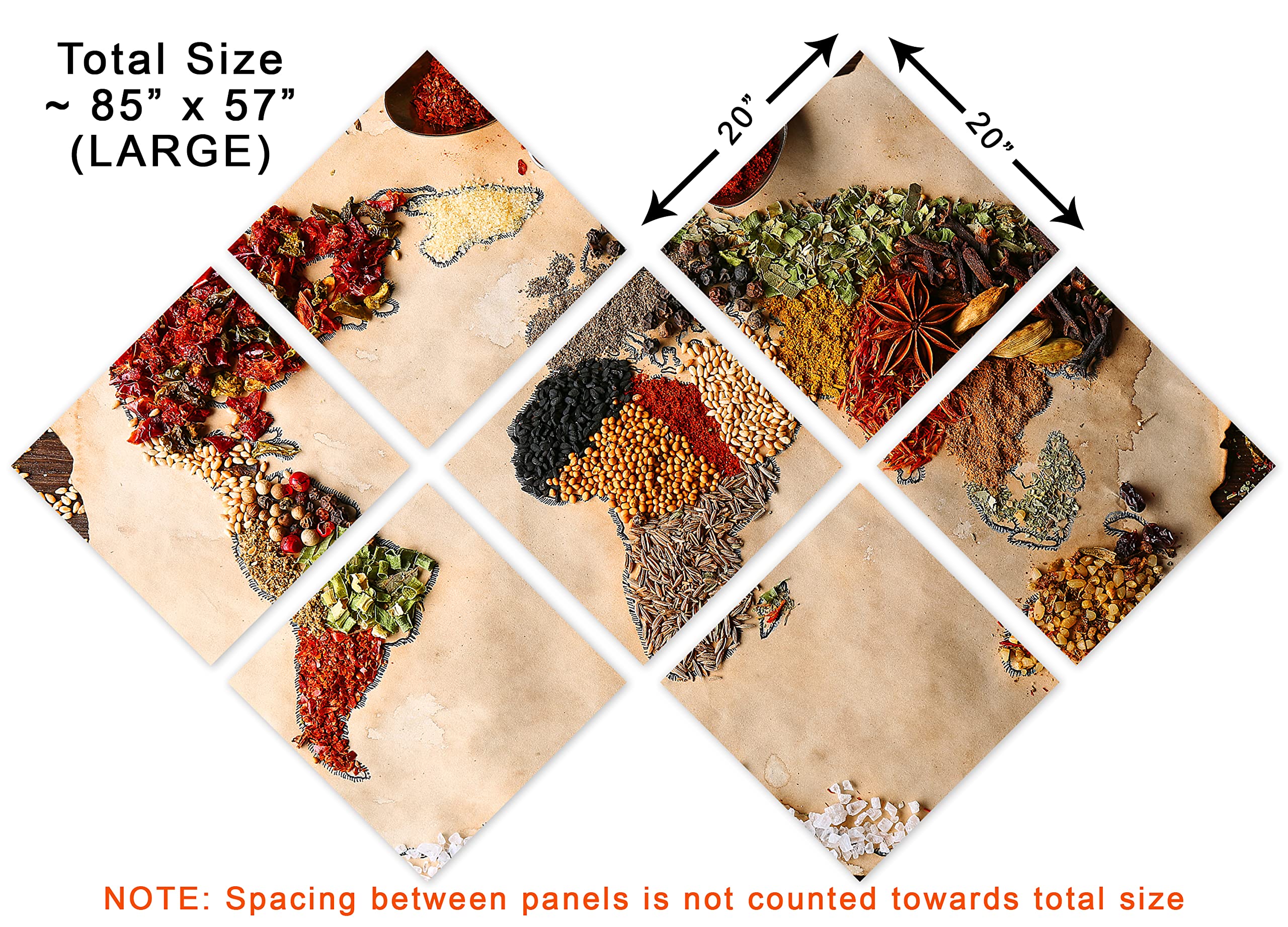 85 x 57 TOTAL - World Map Spice Art Canvas Print | 7-Panel Butterfly Split Kitchen Wall Decor | Perfect for Home, Restaurant & Office Decoration