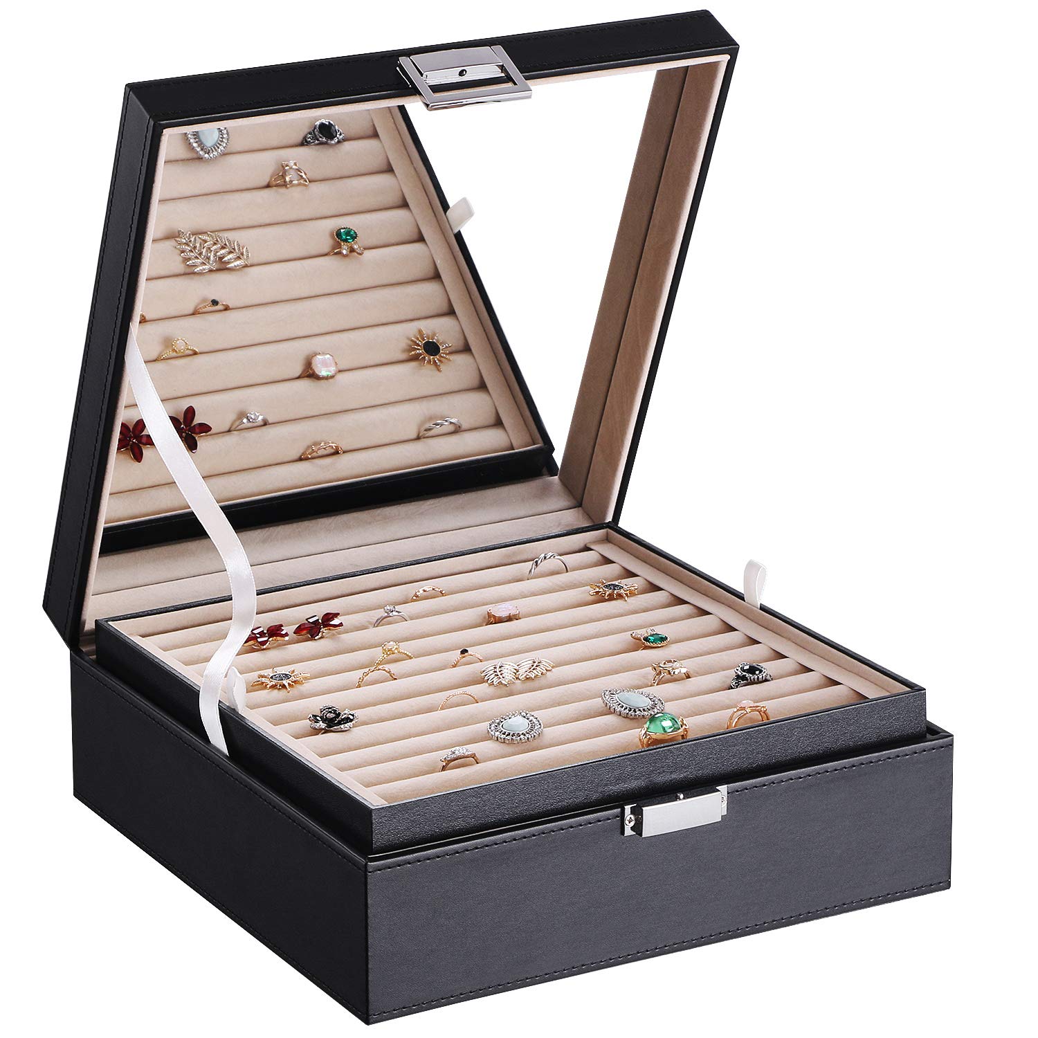 BEWISHOME Stackable Jewelry Organizer Tray with Lid - Earring Storage Box, Ring Holder for Dresser & Drawer - Perfect for Travel, Home & Gift Use