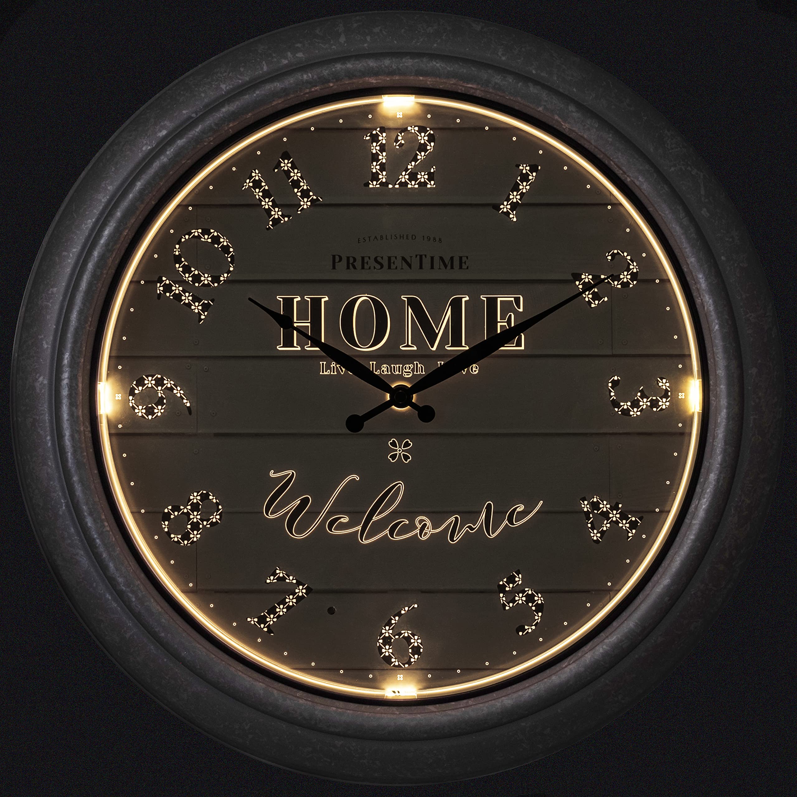 Presentime & Co 18 Inch Vienna Modern Farmhouse Wall Clock - Indoor/Outdoor Shiplap Style with Galvanized Silver Finish & Smart Sensor Night Light - Perfect for Living Room, Bedroom, Patio, and Garden Decor