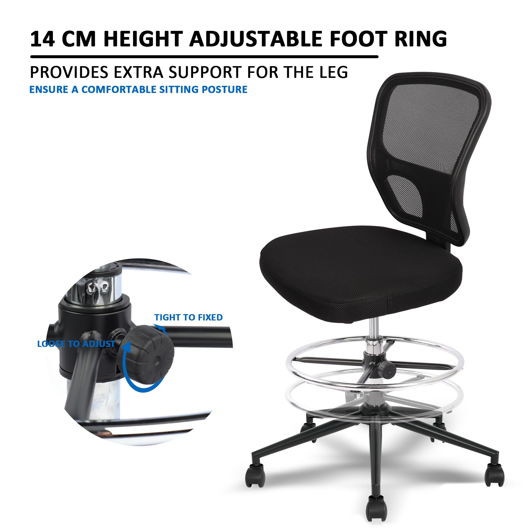 Ergonomic Armless Drafting Chair - Adjustable Height High Back Office Chair with Footrest & Wheels - Perfect for Architects, Designers & Home Office Workspaces