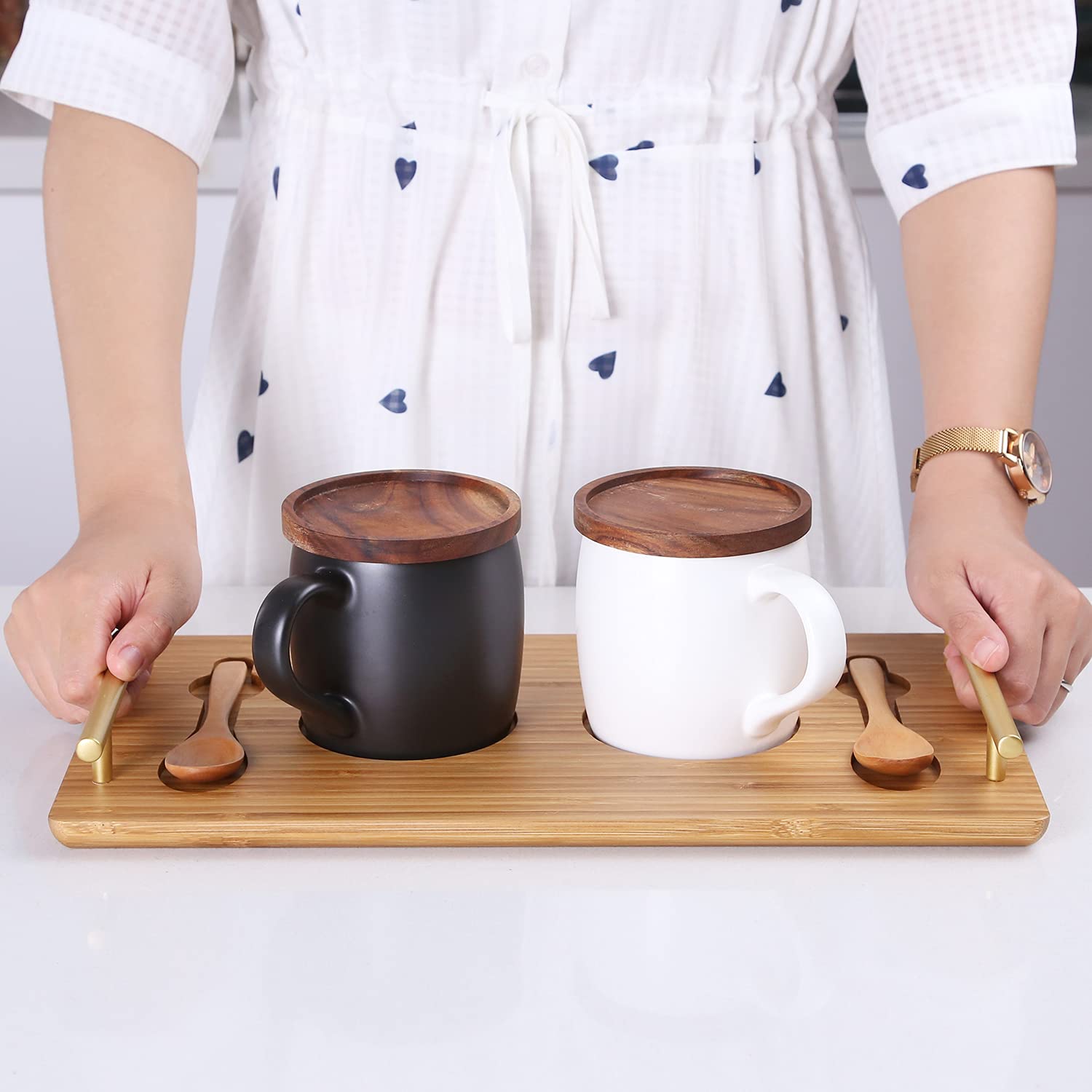 KKC HOME ACCENTS 13oz Ceramic Coffee Mug Set of 2 with Bamboo Tray & Spoons - Black & White Coffee Cups for Home, Office, Gift - Perfect for Coffee, Tea, Hot Chocolate & Breakfast Beverages