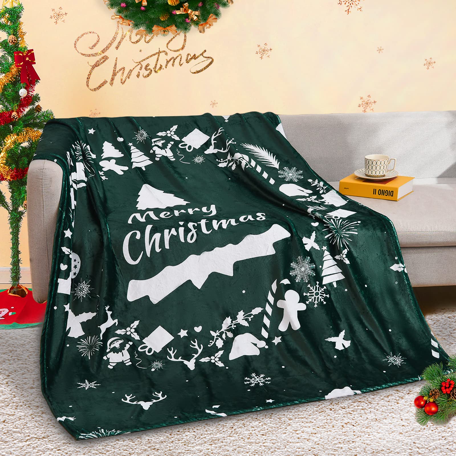 Premium Christmas Blanket - Green Flannel Fleece Throw with Holiday Wreath Design | Ultra Soft & Warm 50x60 Inch Blanket for Couch, Bed, Sofa | Perfect for Winter Snuggling, Gift Giving & Festive Home Decor