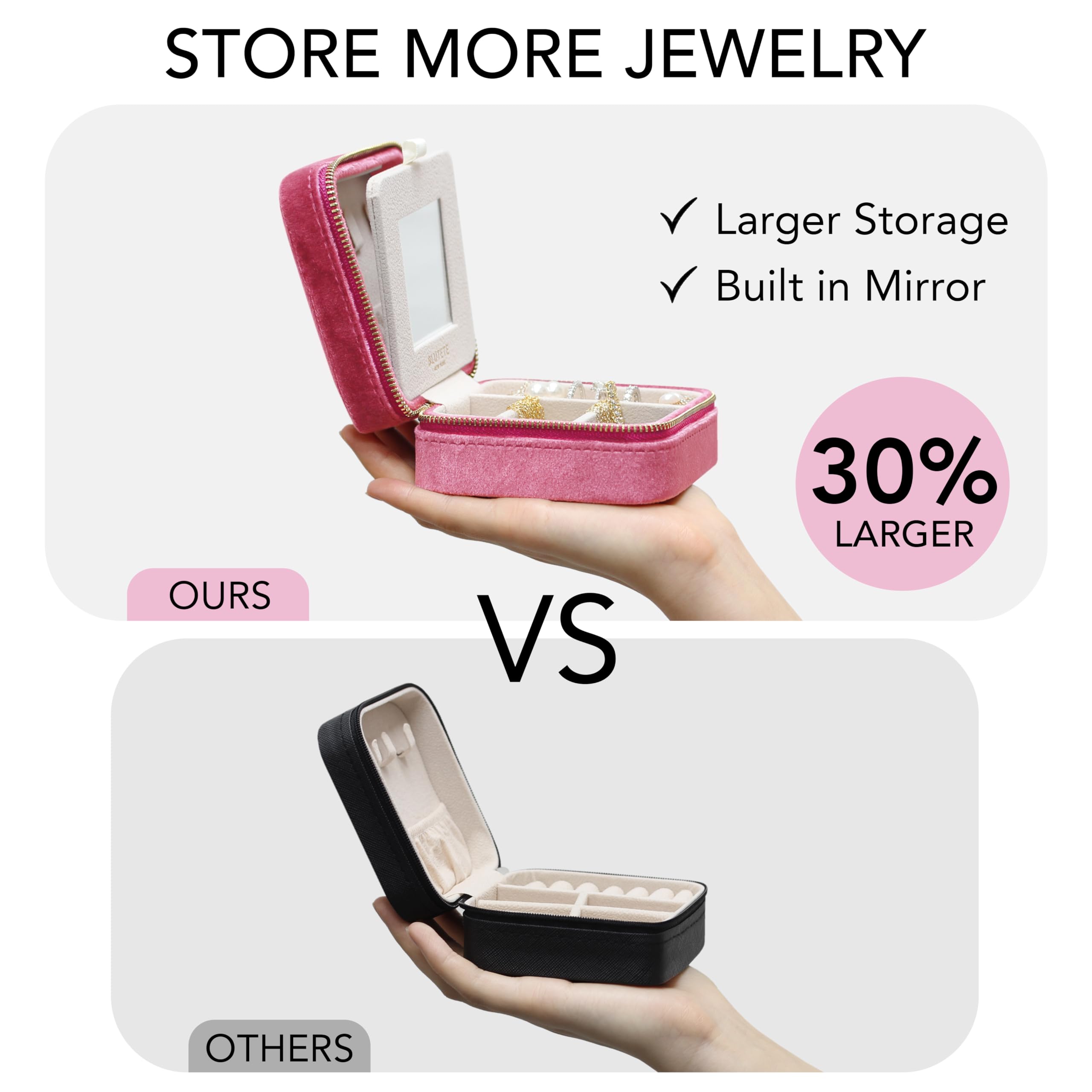 BLUTETE Velvet Travel Jewelry Organizer Box with Mirror - Portable Ring Earring Necklace Storage Case for Women (Berry Pink) | Perfect for Vacation, Business Trips & Daily Use