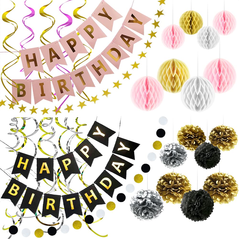 Happy Birthday Banner Kit - Pink/Gold & Black/Gold Birthday Party Decorations Set - Premium Birthday Banners for Indoor & Outdoor Celebrations - Perfect for Home, Office, or Restaurant Birthday Parties