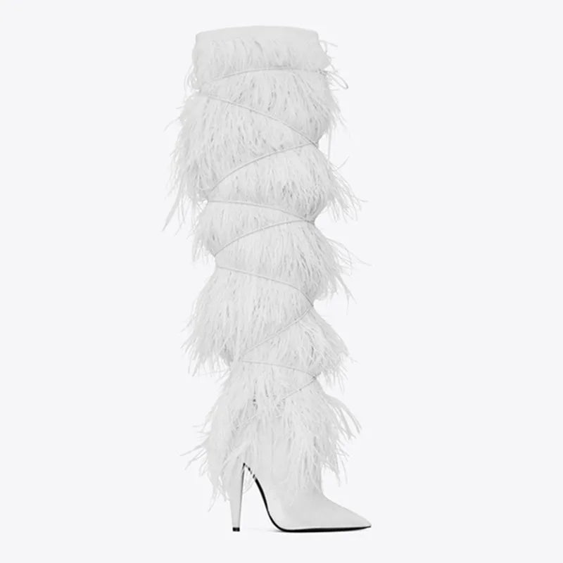 Sexy Women's Suede Over The Knee High Heel Boots with Feather & Cross-Tie Detail - Pointed Toe Party Shoes for Night Out, Clubwear & Special Occasions