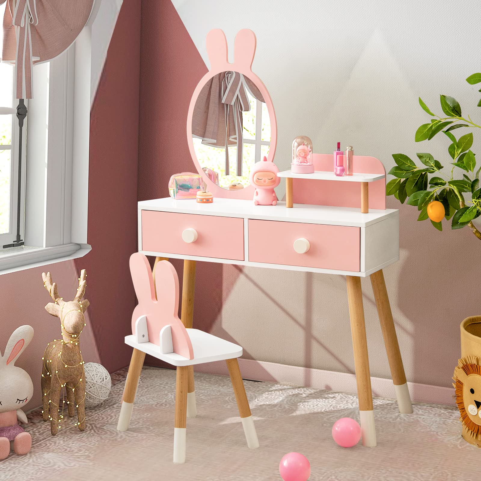 Costzon Pink Wooden Princess Vanity Set for Girls with Mirror, Stool & Storage - Kids Makeup Dressing Table with 2 Large Drawers & Shelf - Pretend Play Toy for Toddlers (Perfect for Birthday Gifts & Bedroom Decor)