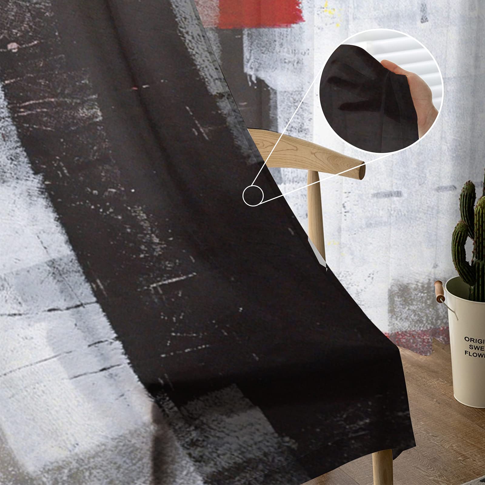 Abstract Red and Grey Semi Sheer Curtains 84 Inch Length - 2 Panels Set with Rod Pocket, 52