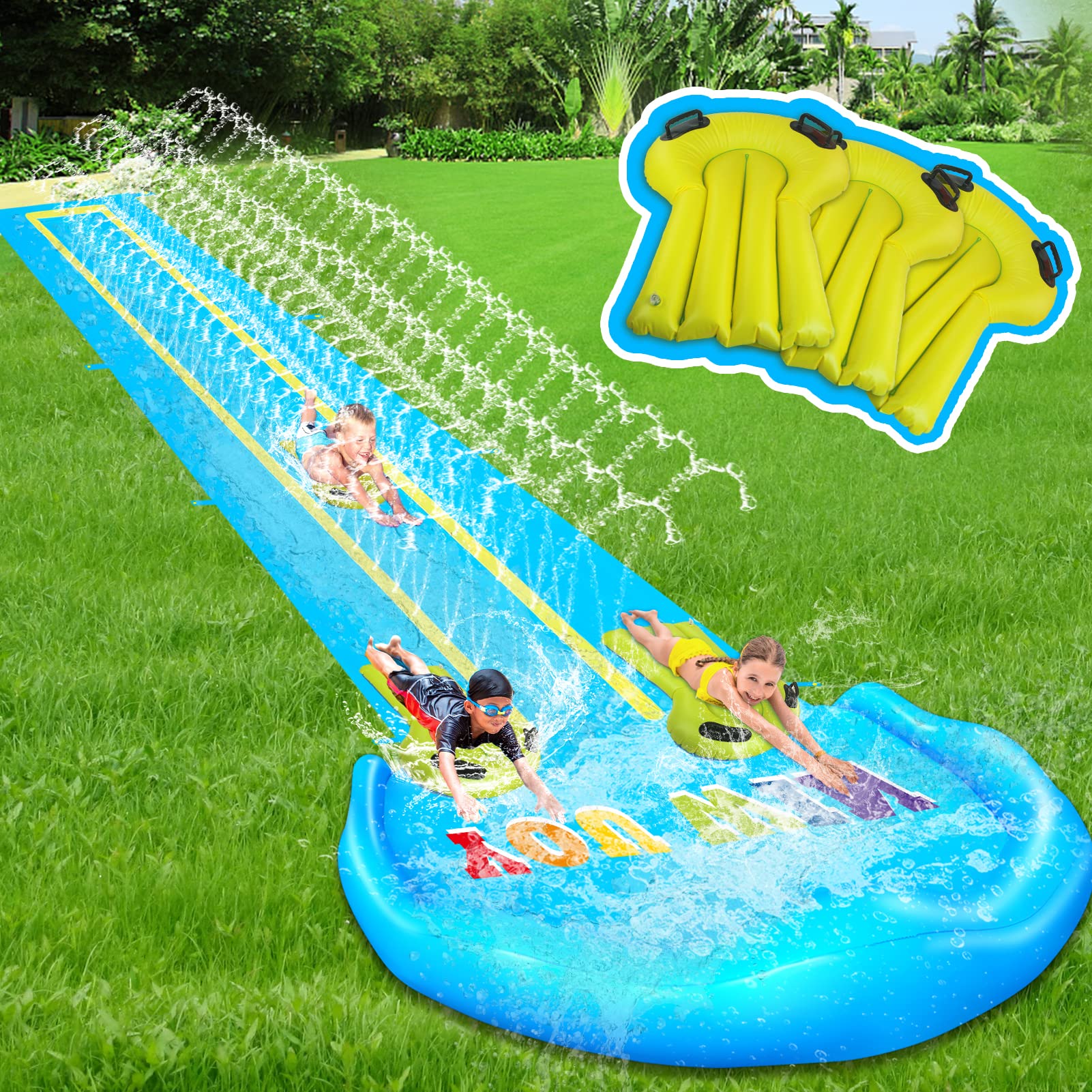 Evoio Triple Lane Inflatable Water Slide 32.8FT - Extra Long Backyard Splash Slide with 3 Racing Lanes & Body Boards for Kids & Adults | Summer Outdoor Water Toy for Garden, Pool Parties & Family Fun